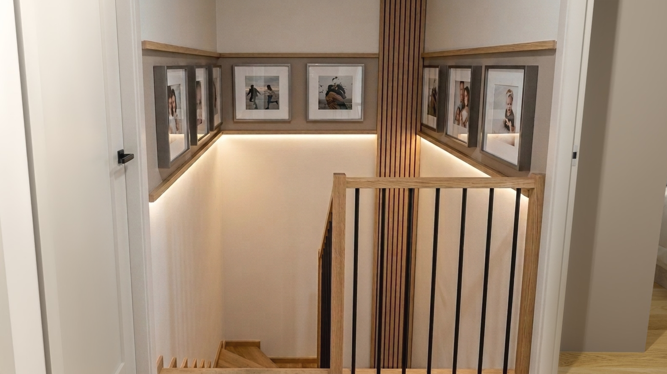 Nowoczesna klatka schodowa z balustradą z lameli i podświetleniem LED galerii zdjęć – PELI studio.