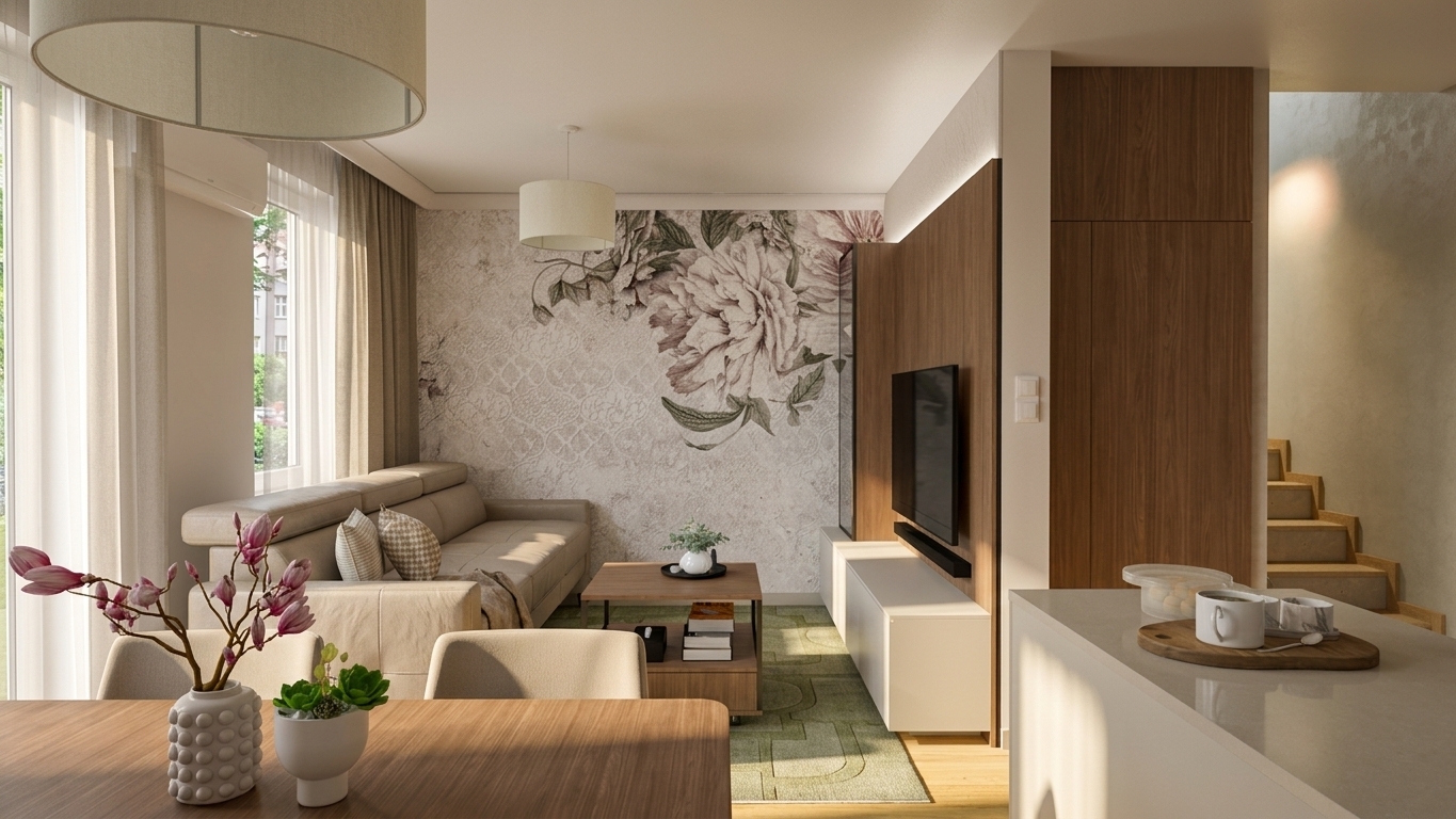 Przytulny salon w stylu nowoczesnym z drewnianą zabudową TV i tapetą w kwiaty – projekt PELI studio architekt wnętrz Toruń.